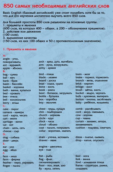 850 самых необходимых английских слов